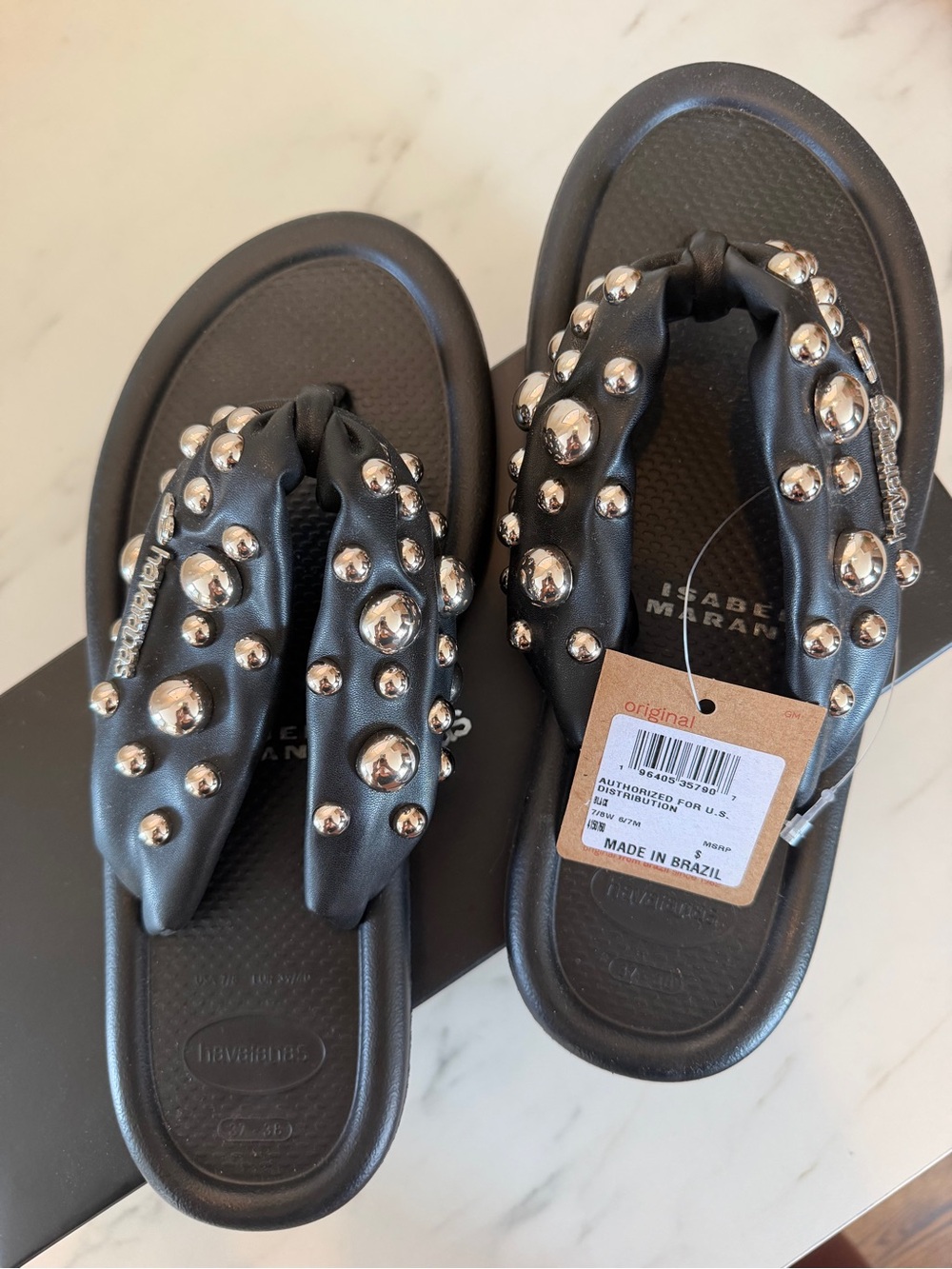 Havaianas Black Thong Sandals with Metallic Stud Accents